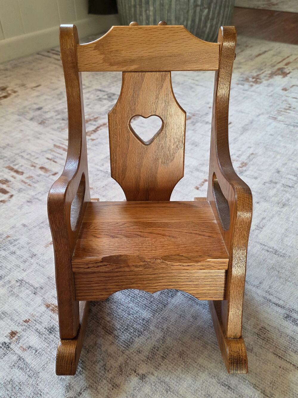 Vintage 80s 90s Heart Cutout Handmade Wooden Childs Rocking Chair Solid Wood